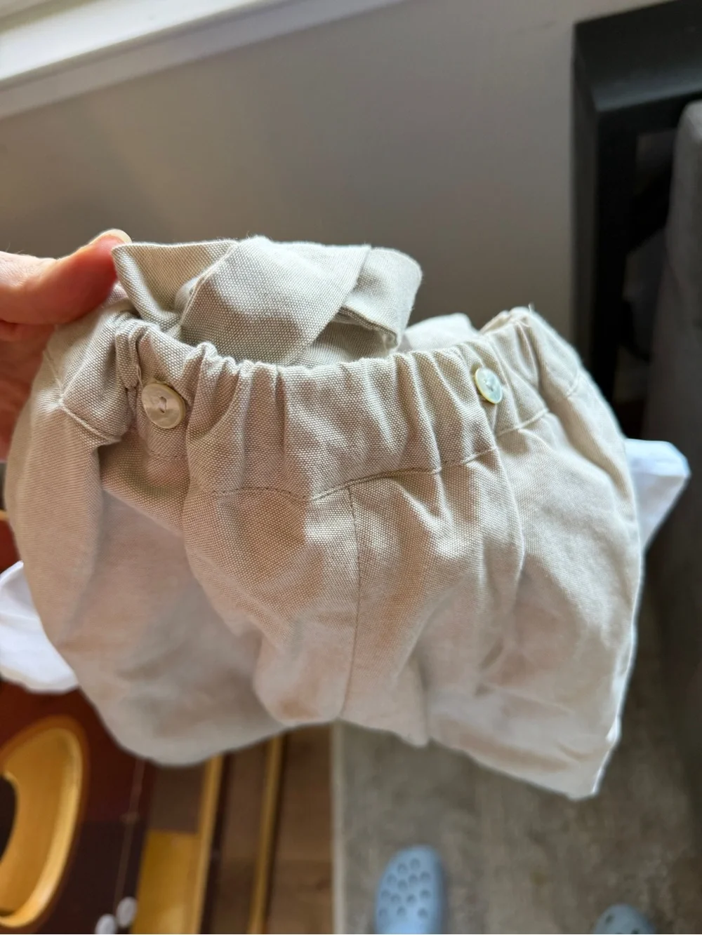 Toddler boy wedding or baptism outfit - Tan Suspender Shorts & white shirt